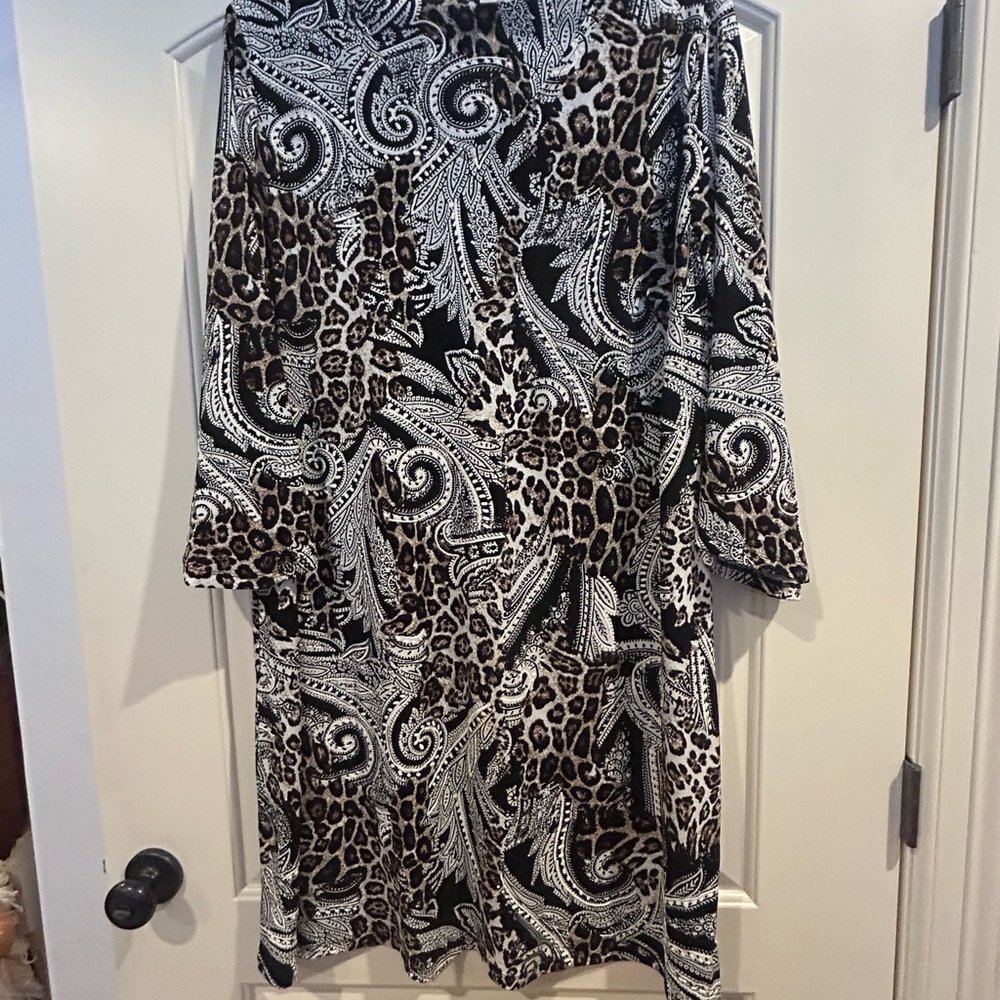 Paisley & Leopard Print Long Sleeve Dress - Black, White, Brown